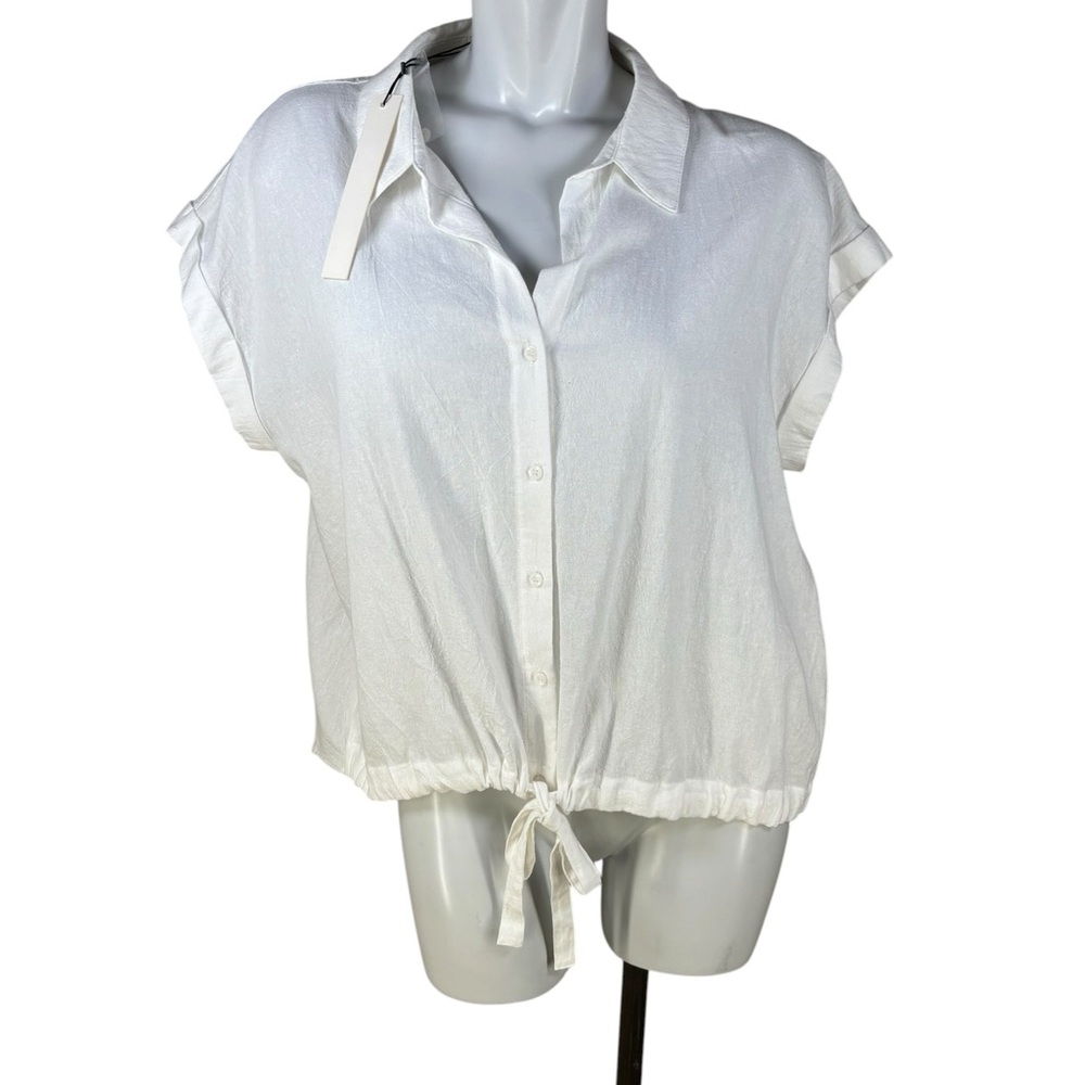 Mustard Seed NWT 100% Cotton White Short Sleeve w/ Tie Front & Back Pleat Large